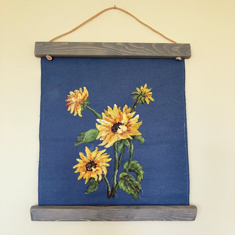 Sunflower Hand Painted Blue Fabric Wall Scroll Banner Tapestry 13x17.5"